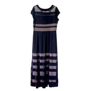 R & M Richards Navy mesh illusion neckline stripe long Formal Dress gown-8